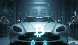 futuristic sports car in a high-tech garage with a glowing Bitcoin symbol projected on its front, surrounded by holographic digital interface elements representing cryptocurrency and advanced technology.