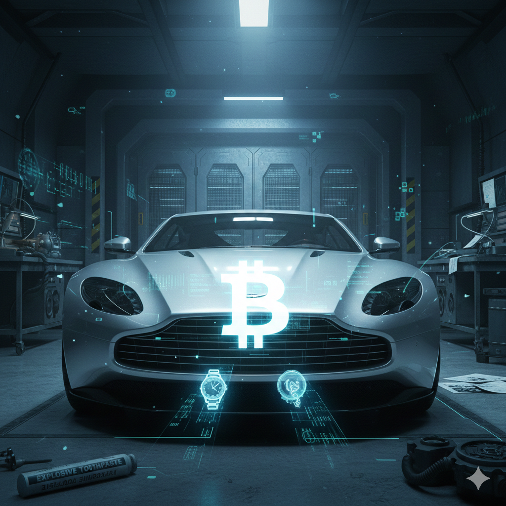 futuristic sports car in a high-tech garage with a glowing Bitcoin symbol projected on its front, surrounded by holographic digital interface elements representing cryptocurrency and advanced technology.