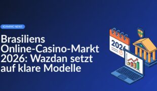 Kalender mit markiertem Jahr 2026, Regierungsgebäude mit Schildemblem und Laptop mit steigendem Balkendiagramm.