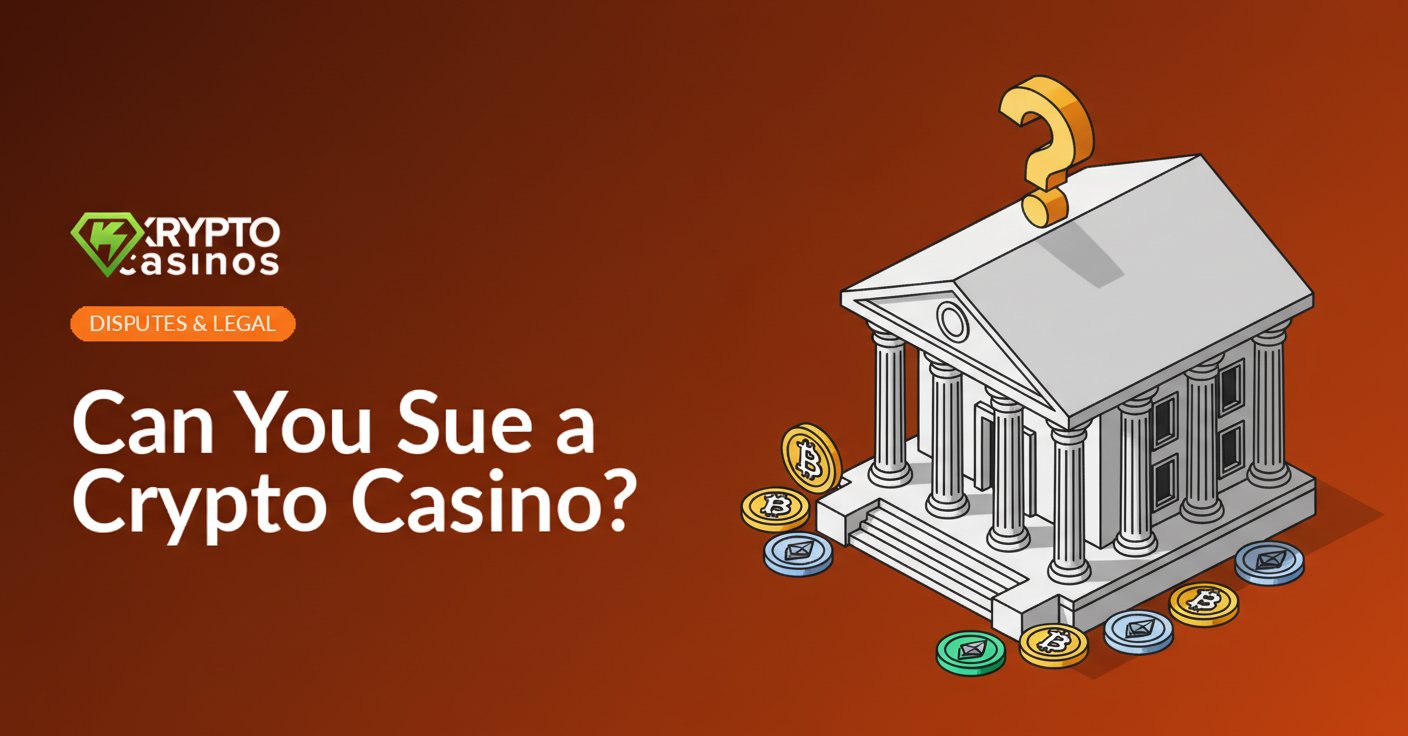 illustration of courthouse building with question mark and crypto coins for suing a crypto casino