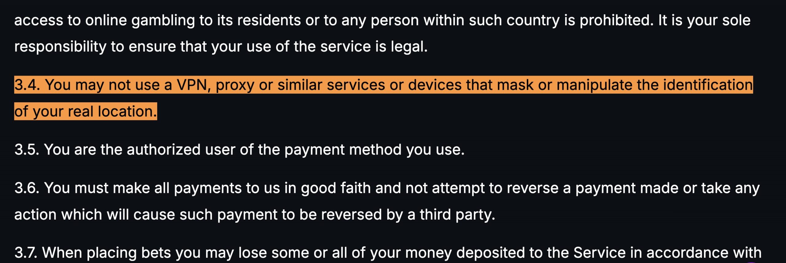 example of a casino T&C clause explicitly prohibiting VPN and proxy use to hide a player’s real location