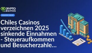 Großes Resortgebäude neben fallendem Balkendiagramm und Steuerdokument, aus dem Münzen nach unten sinken.