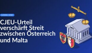 Justizgebäude mit Waage, zerbrochene österreichische und maltesische Wappenschilde gegenübergestellt