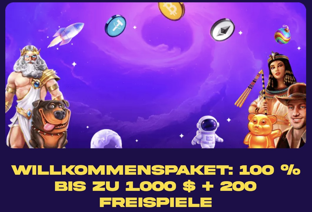 Das Bild zeigt die Maskottchen von Crashino oberhalb und unterhalb den Willkommensbonus von 1'000 USD + 200 Freispiele