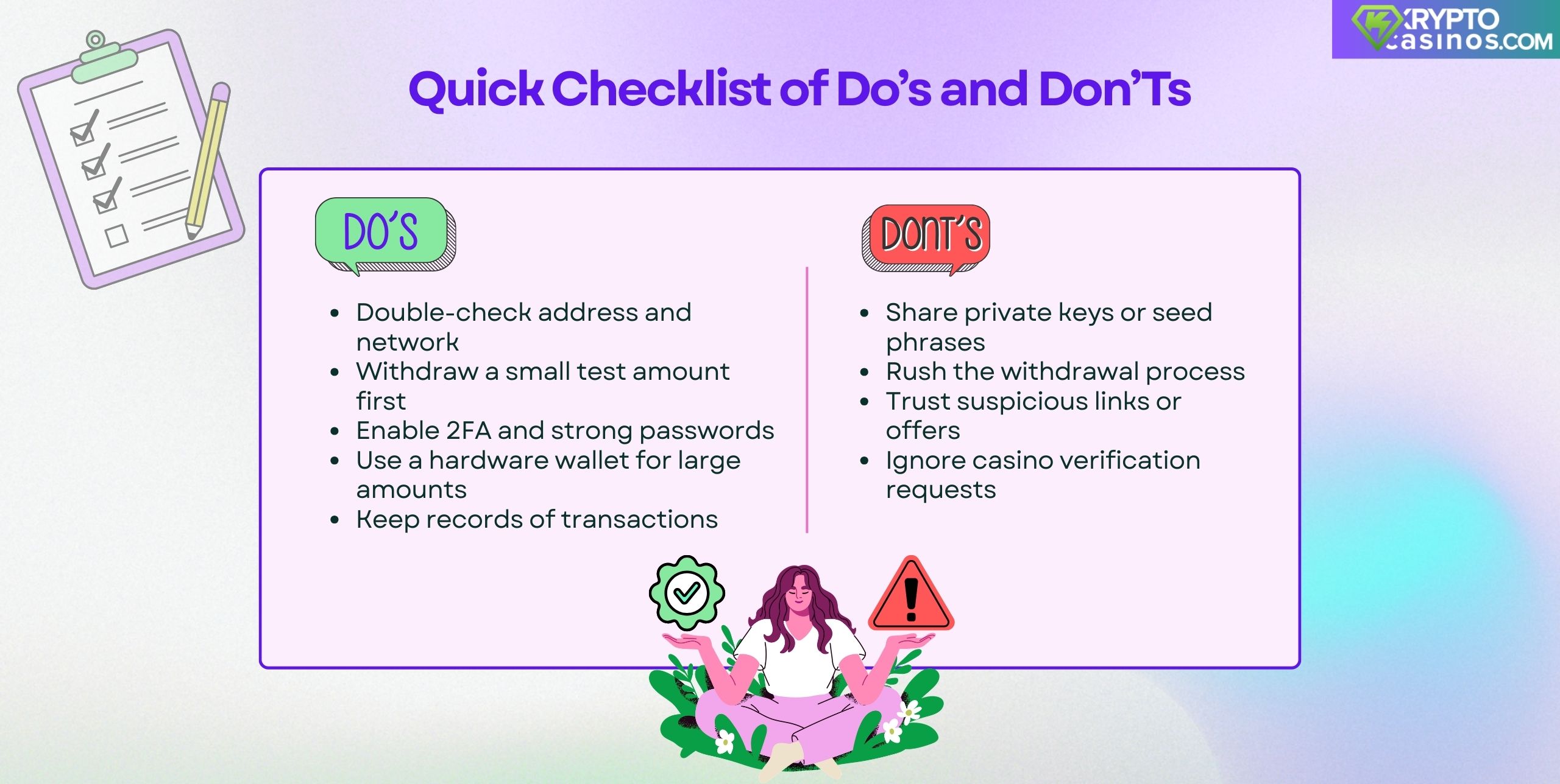 quick checklist of crypto casino withdrawal dos and donts with safety tips and warnings