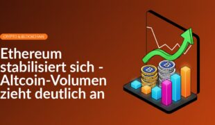 Isometrisches Preischart mit Kurstief, steigendem Pfeil, gestapelten digitalen Münzen und leuchtenden Volumenbalken.