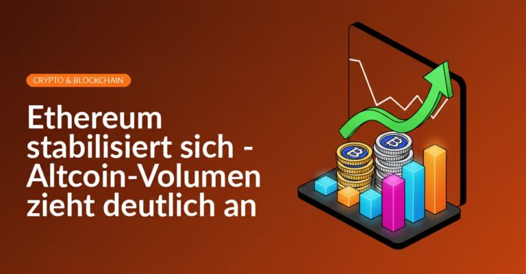 Isometrisches Preischart mit Kurstief, steigendem Pfeil, gestapelten digitalen Münzen und leuchtenden Volumenbalken.