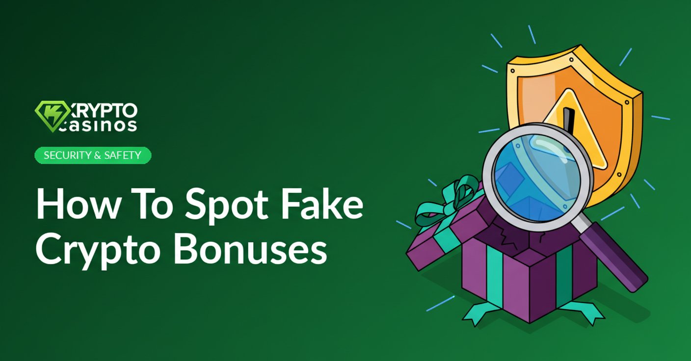 illustration of magnifying glass inspecting gift box and shield to spot fake crypto bonuses