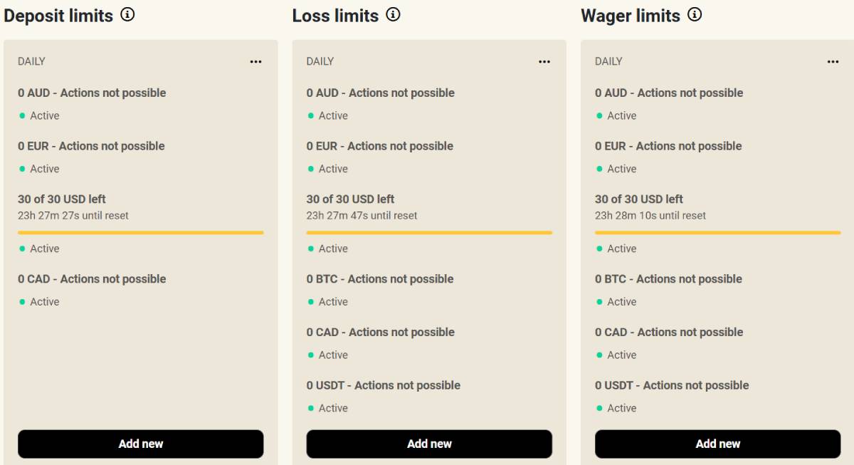 Screenshot of limits that can be set at Fatfruit casino, including deposit, loss and wager limits.