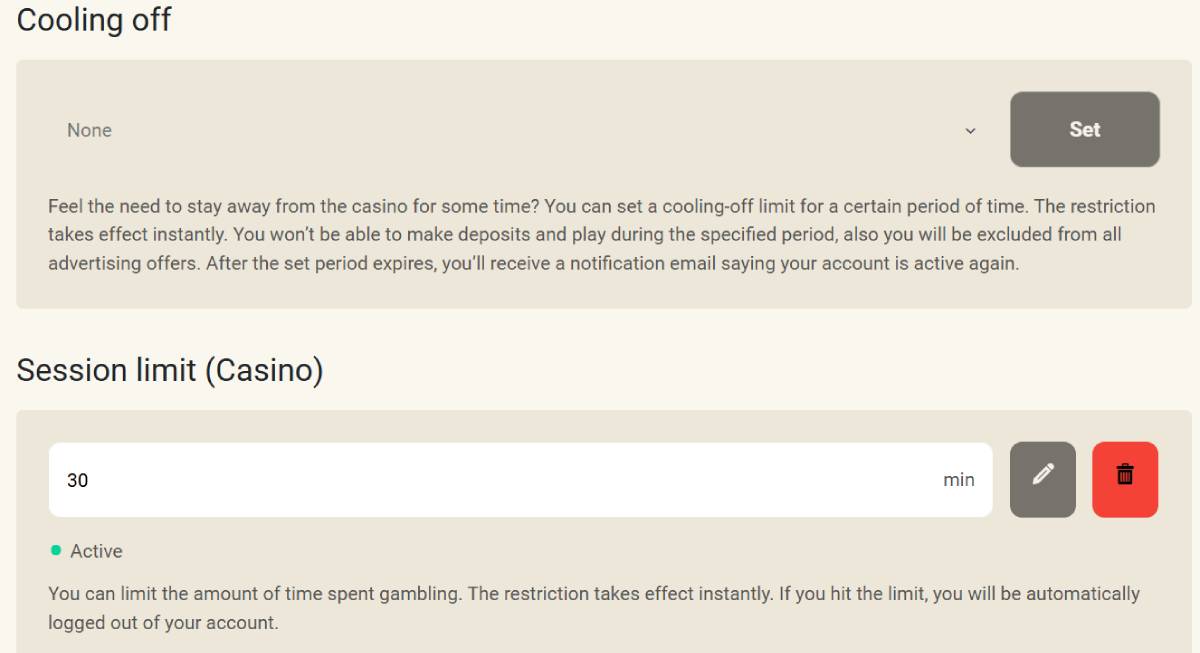 screenshot displaying cooling off and session limit at fatfruit casino