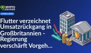 Bürogebäude mit abwärts gerichteter Pfeilgrafik, zerbrochener Münzstapel und Regierungsgebäude mit Schild im Hintergrund.