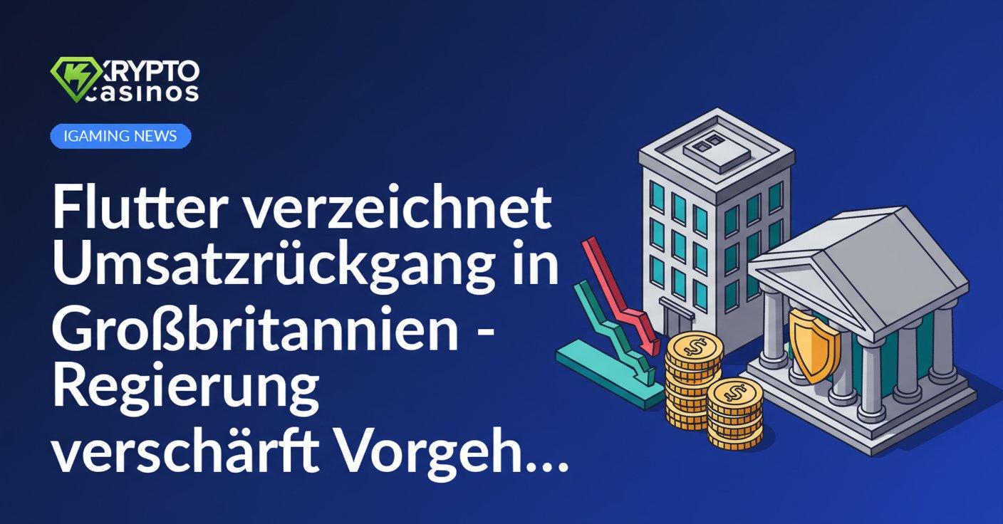 Bürogebäude mit abwärts gerichteter Pfeilgrafik, zerbrochener Münzstapel und Regierungsgebäude mit Schild im Hintergrund.