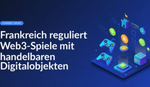 Digitalisierte Spielfiguren und Symbole vor französischer Flagge mit Blockchain- und Würfelsymbolen im Hintergrund