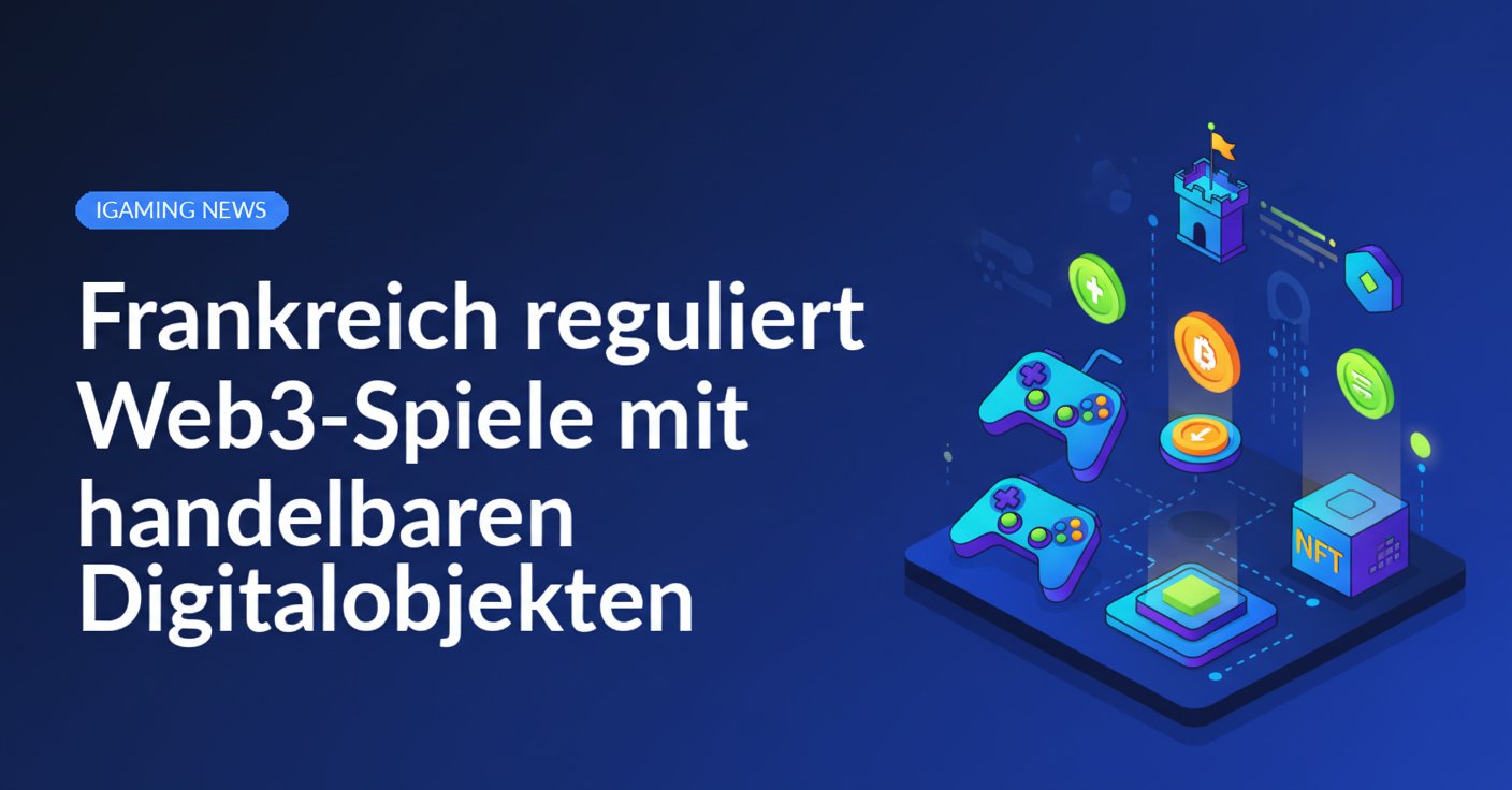 Digitalisierte Spielfiguren und Symbole vor französischer Flagge mit Blockchain- und Würfelsymbolen im Hintergrund