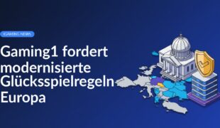 Karte Europas mit hervorgehobenem Land, Regierungsgebäude mit Säulen und Schild über Servern im Vordergrund.