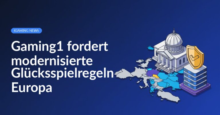 Karte Europas mit hervorgehobenem Land, Regierungsgebäude mit Säulen und Schild über Servern im Vordergrund.