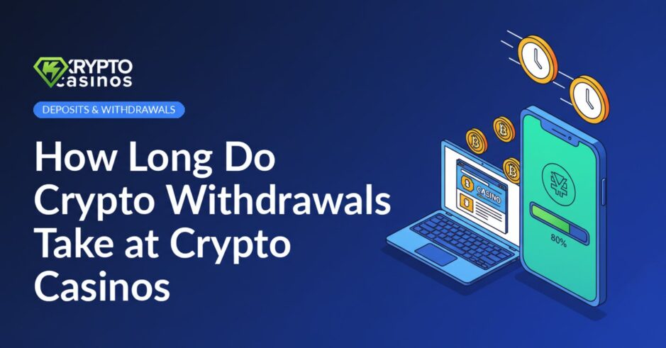 illustration of phone and laptop showing crypto withdrawal progress with coins and clocks