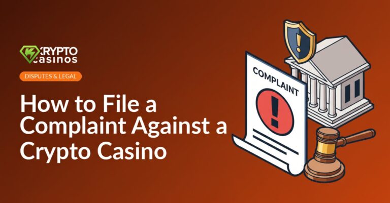 illustration of complaint document with courthouse and gavel for crypto casino dispute guide
