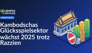 Regierungsgebäude mit kambodschanischem Dach, aufsteigendem Balkendiagramm, Münzen und Schild mit durchgestrichenem Lizenzsymbol.