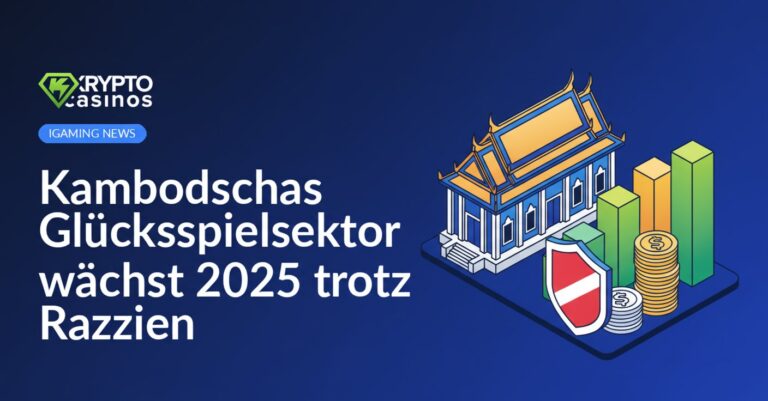 Regierungsgebäude mit kambodschanischem Dach, aufsteigendem Balkendiagramm, Münzen und Schild mit durchgestrichenem Lizenzsymbol.