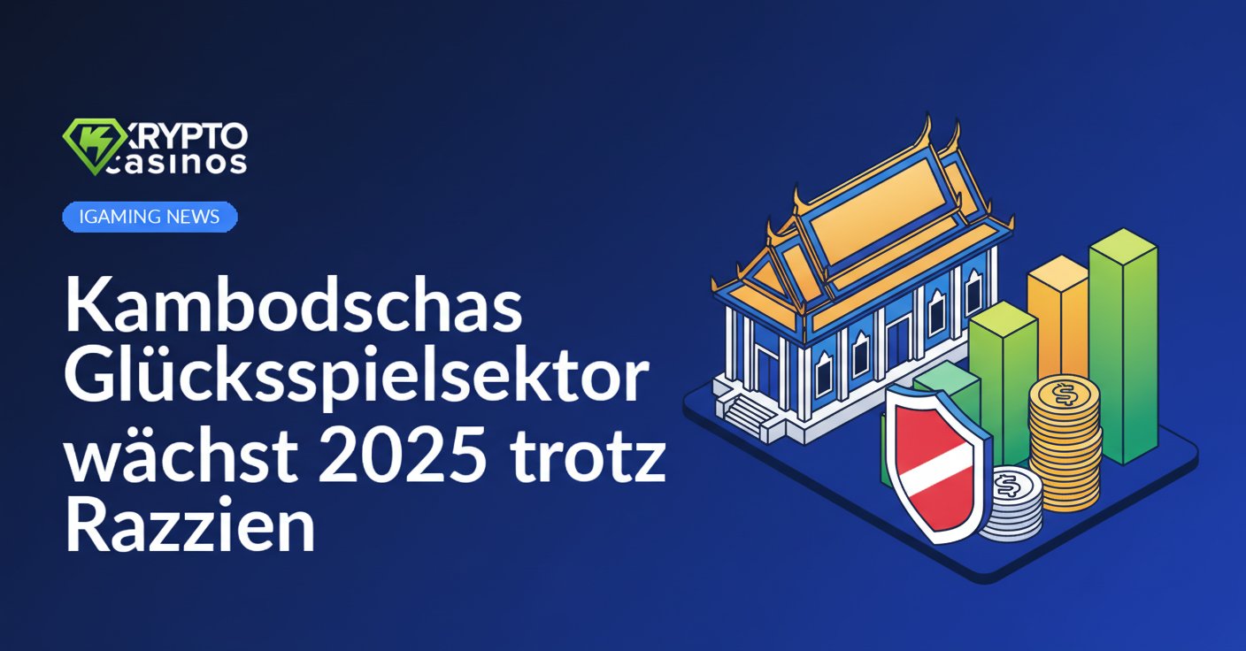 Regierungsgebäude mit kambodschanischem Dach, aufsteigendem Balkendiagramm, Münzen und Schild mit durchgestrichenem Lizenzsymbol.