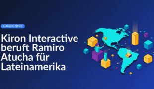 Portrait von Ramiro Atucha vor einer Weltkarte mit Fokus auf Lateinamerika und Firmenlogo von Kiron Interactive