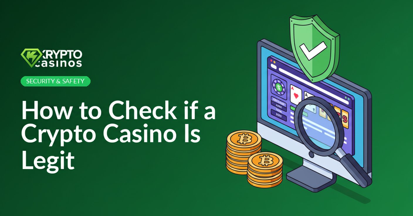 illustration of computer with magnifying glass and shield checking crypto casino legitimacy with bitcoin coins