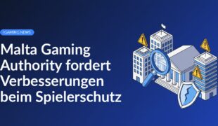 Regierungsgebäude mit Lupe, Bürotürme mit Warnzeichen, zerbrochener Schutzschild im Vordergrund