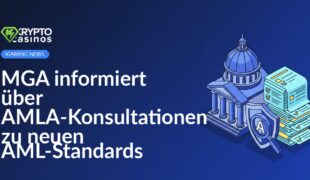 Regierungsgebäude im Hintergrund, Stapel Dokumente mit Checkliste vorne, Schild mit Lupe daneben auf blauem Hintergrund