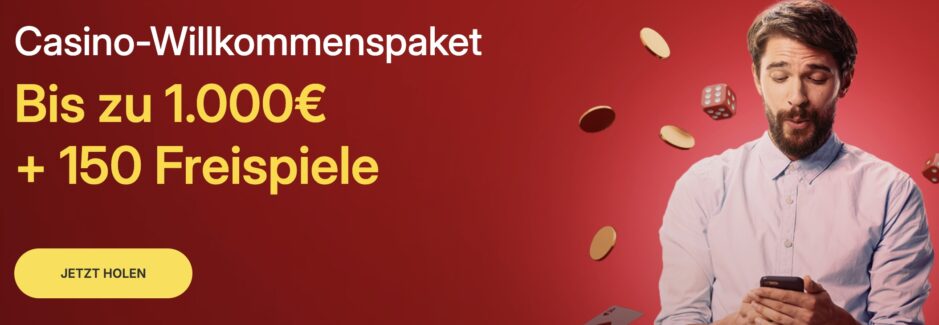 Das Bild zeigt den aktuellen Willkommensbonus von Monoplay Schweiz - bis zu 1'000 EUR + 150 Freispiele. Links unten ist ein gelber Button um das aktuelle Angebot zu aktivieren und rechts spielt ein Mann an seinem Handy im Casino