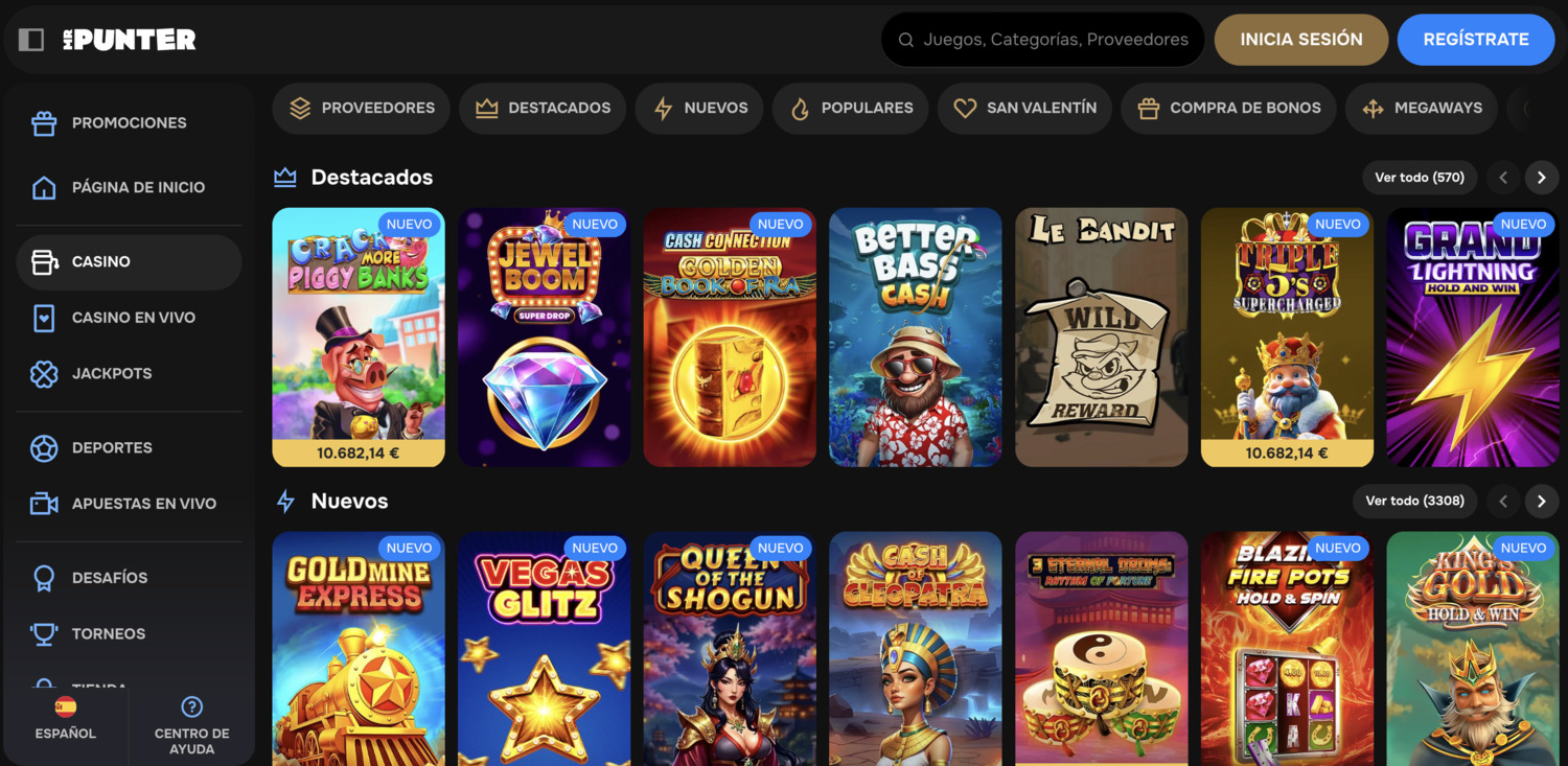 Lobby del casino de MrPunter, con juegos destacados y nuevos. En la parte superior los filtros necesarios para encontrar los juegos. Además, se pueden encontrar juegos de casino en vivo, jackpots y apuestas deportivas.