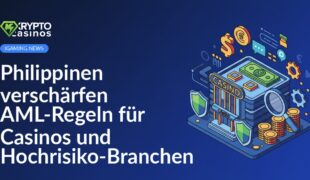 Philippinische Flagge im Hintergrund, davor stilisierte Casinos mit Geldscheinen und Warnsymbolen vor dunklem Hintergrund