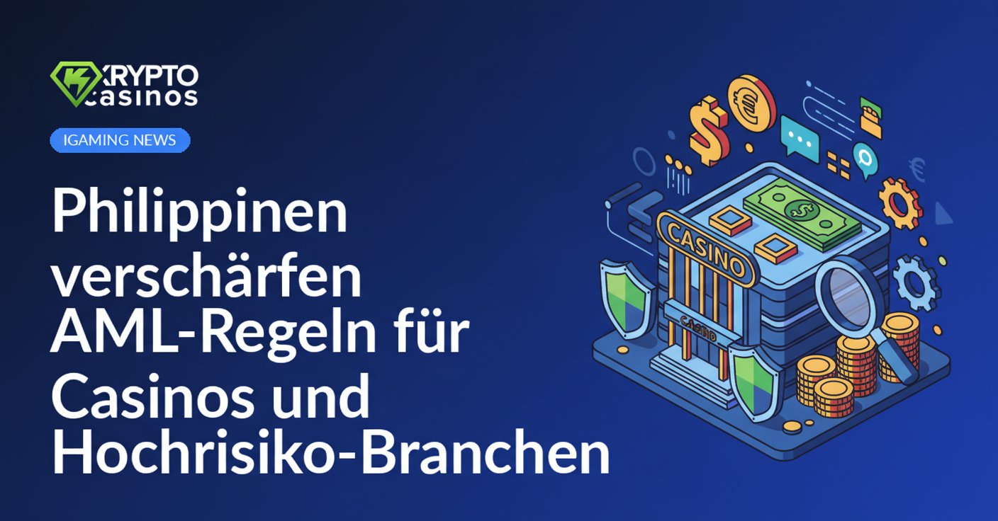 Philippinische Flagge im Hintergrund, davor stilisierte Casinos mit Geldscheinen und Warnsymbolen vor dunklem Hintergrund