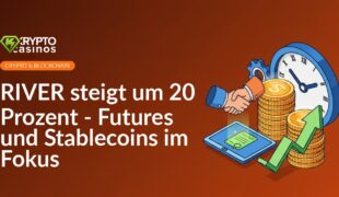 Stapelte Münzen neben aufwärts zeigendem Pfeil, Handschlag über digitalem Vertrags-Tablet, große Uhr im Hintergrund