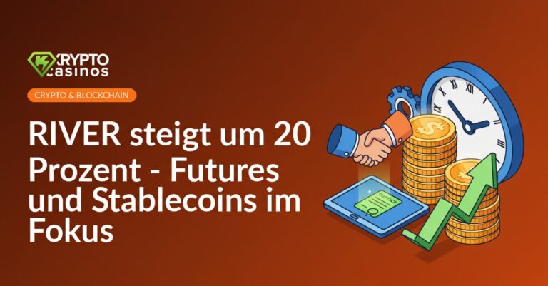 Stapelte Münzen neben aufwärts zeigendem Pfeil, Handschlag über digitalem Vertrags-Tablet, große Uhr im Hintergrund