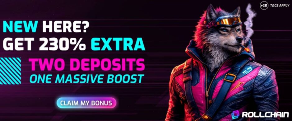 Screenshot of the Rollchain welcome offer spread across the first two deposits.