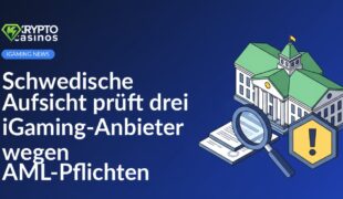Nordisches Regierungsgebäude im Hintergrund, Lupe auf Dokumenten, rotes Warnschild mit Ausrufezeichen im Vordergrund