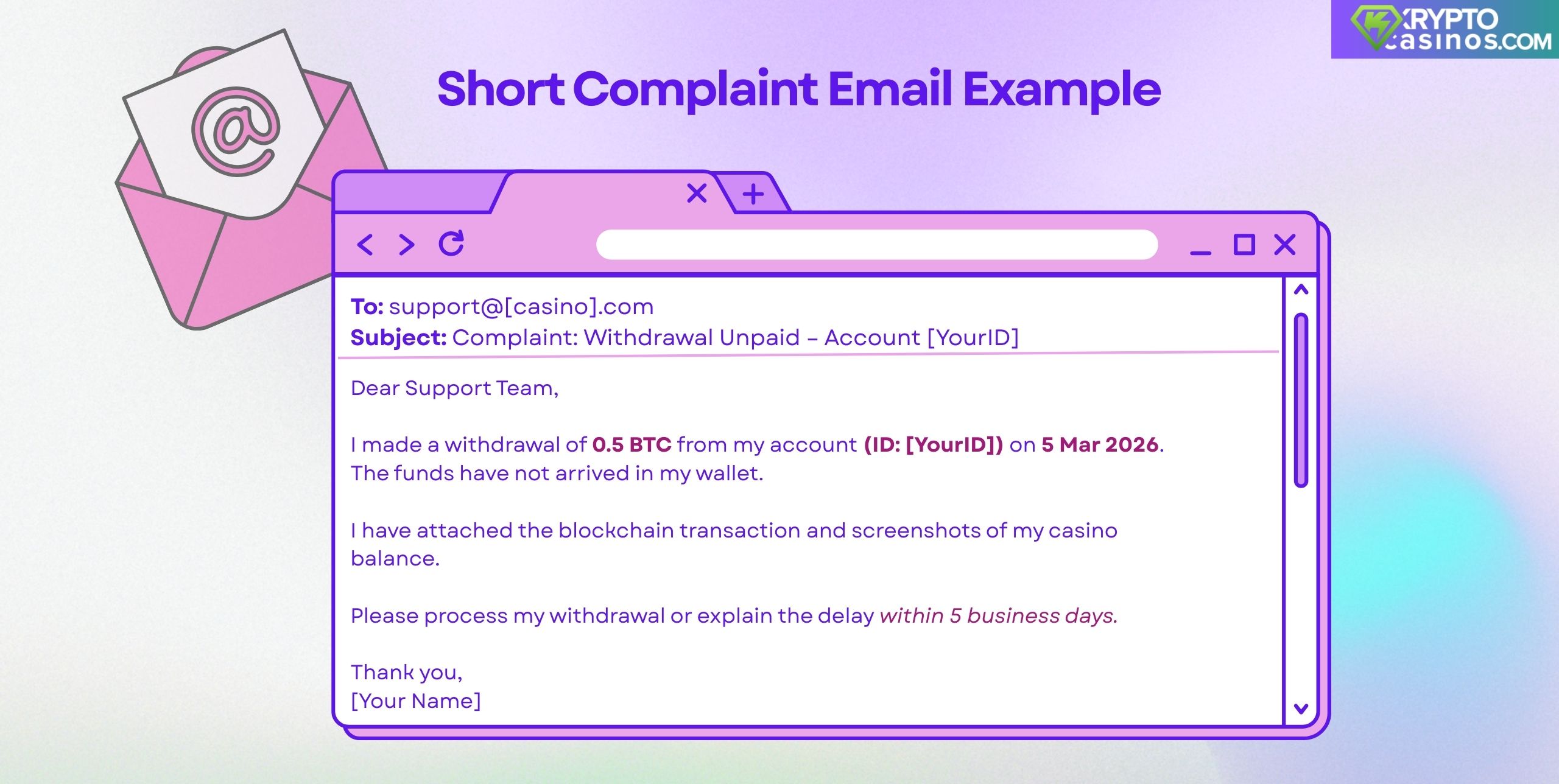 illustration of a short complaint email template requesting an unpaid crypto casino withdrawal with subject line and message example