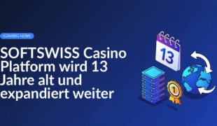 Zentraler Serverstapel, Kalender mit Jubiläumsabzeichen und Globus mit Pfeilen für weltweite Expansion.