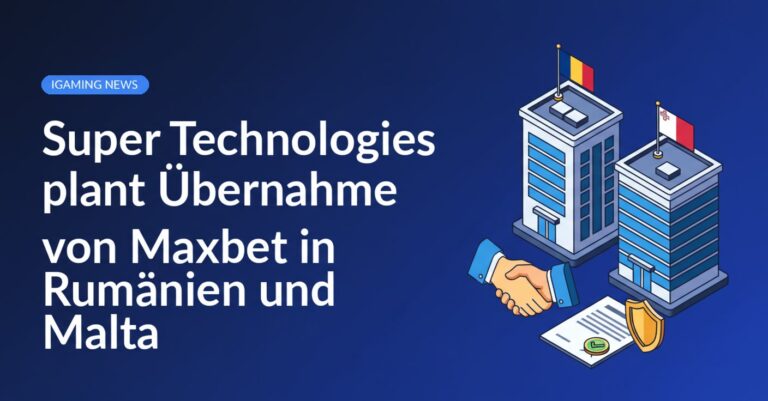 Moderne Bürogebäude mit Rumänien- und Malta-Flaggen, Handschlag-Symbol und genehmigtem Dokument mit Schild.