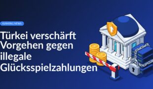 Bankgebäude mit Schild, roter Sperre vor Münzstapel, Server mit Vorhängeschloss im Hintergrund.