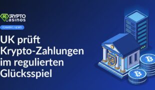 Regierungsgebäude mit Schild, digitaler Münzstapel mit Schaltkreis-Design und Server-Rack im Hintergrund