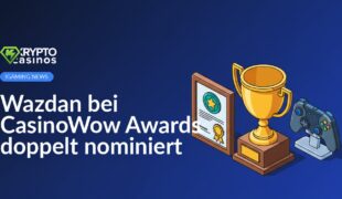 Goldener Pokal auf Sockel, eingerahmte Urkunde und Spielecontroller auf Präsentationsständer vor dunklem Hintergrund.