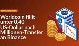 Gestapelte Münzen mit rotem Abwärtspfeil, digitaler Preischart und isometrisches Börsengebäude im Hintergrund.