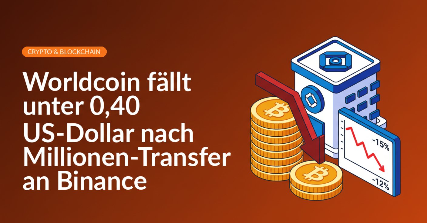 Gestapelte Münzen mit rotem Abwärtspfeil, digitaler Preischart und isometrisches Börsengebäude im Hintergrund.