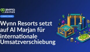 Wynn Resorts Logo vor Al Marjan Insel mit Farbverlaufshintergrund in Blau- und Orangetönen