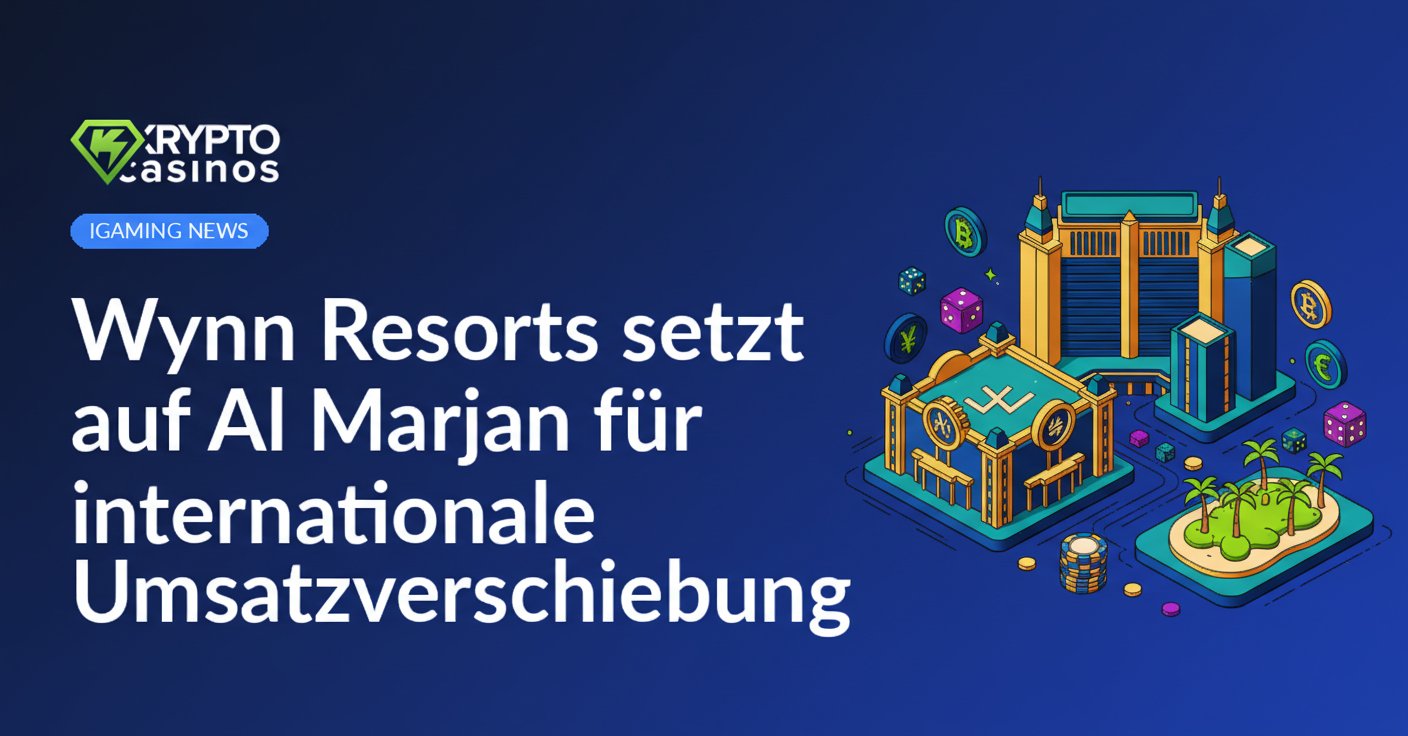 Wynn Resorts Logo vor Al Marjan Insel mit Farbverlaufshintergrund in Blau- und Orangetönen