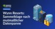Wolkenkratzer, Server-Rack mit Warndreieck und Datenbankzylinder mit gebrochenem Schloss vor dunklem Hintergrund.