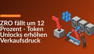 Screenshot eines fallenden ZRO-Token-Charts mit roten Balken und einem Uhrsymbol für Token Unlocks.