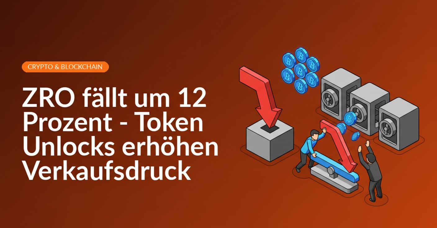 Screenshot eines fallenden ZRO-Token-Charts mit roten Balken und einem Uhrsymbol für Token Unlocks.